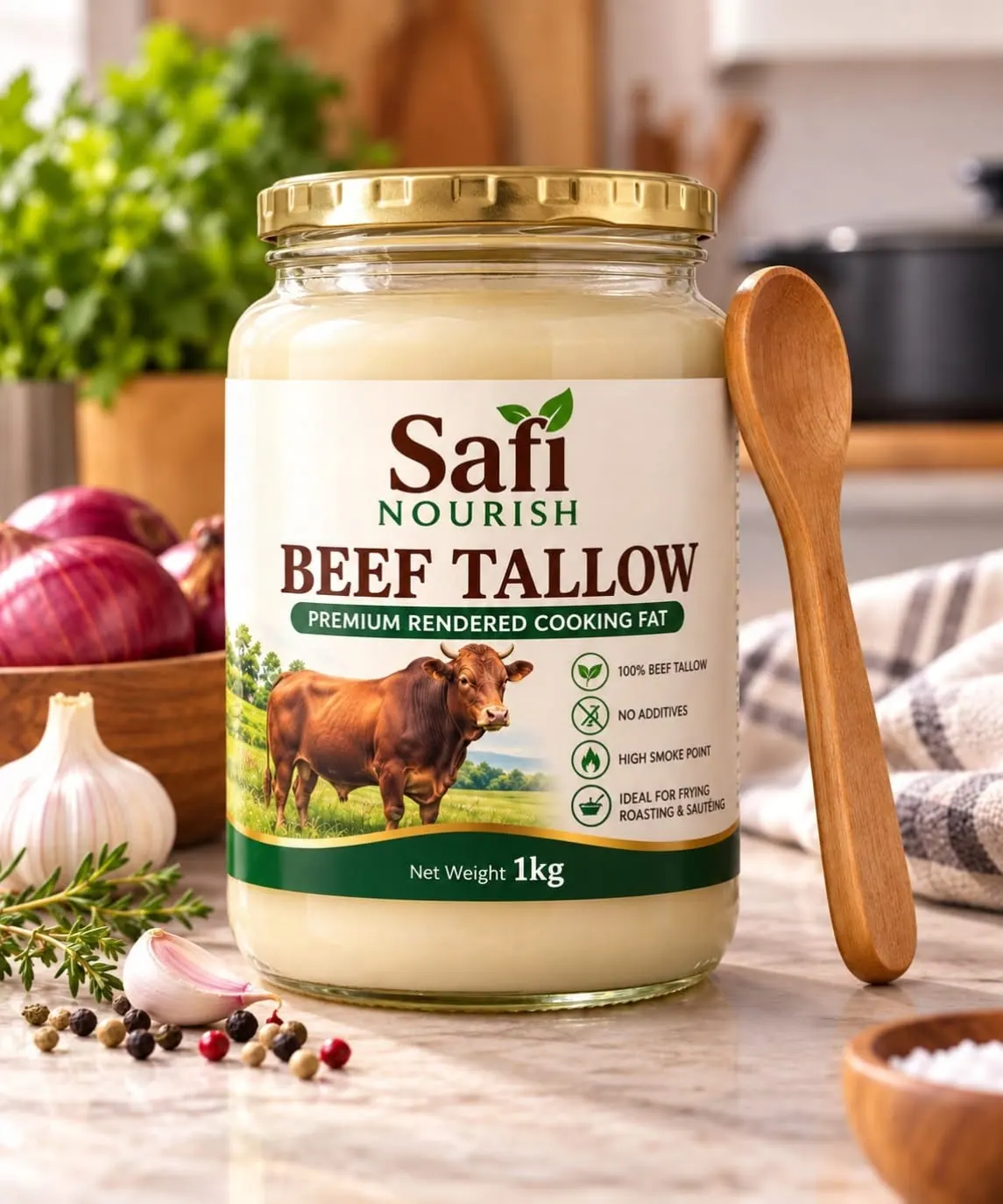 Beef Tallow — 1kg Glass Jar — Safi Nourish product presentation